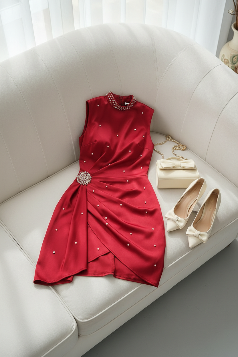 Vestido Rojo Perlas Drapeado Mini cod.V750