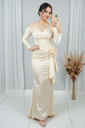 Vestido Champagne Ivory Off-Shoulder Sirena Manga Larga Rosa 3D cod.V302