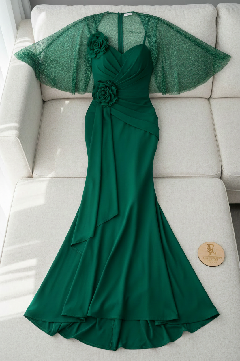 Vestido Verde Esmeralda Sirena con Bolero Tul y Rosas D cod.719