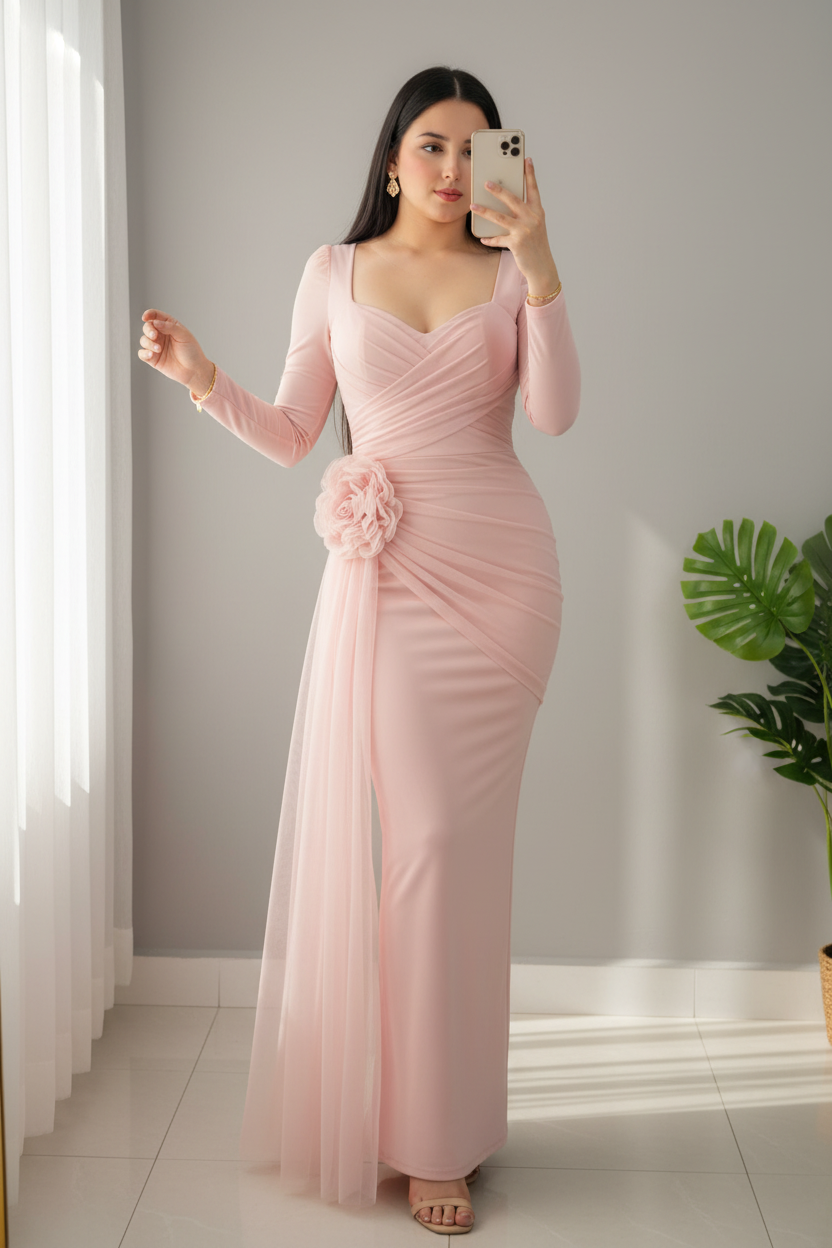 Vestido Largo Rosa Palo Flor 3D Manga Tul cod.V714
