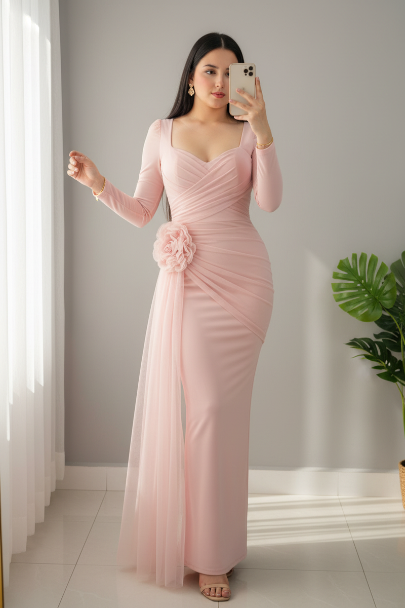 Vestido Largo Rosa Palo Flor 3D Manga Tul cod.V714