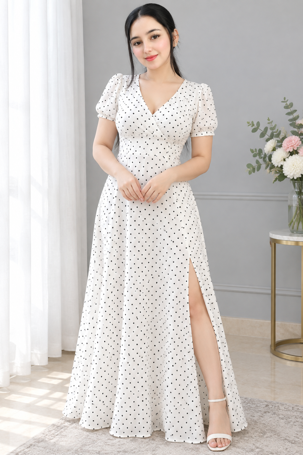 Vestido largo blanco con lunares, escote V y abertura cod. VC006