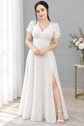 Vestido largo blanco con lunares, escote V y abertura cod. VC006