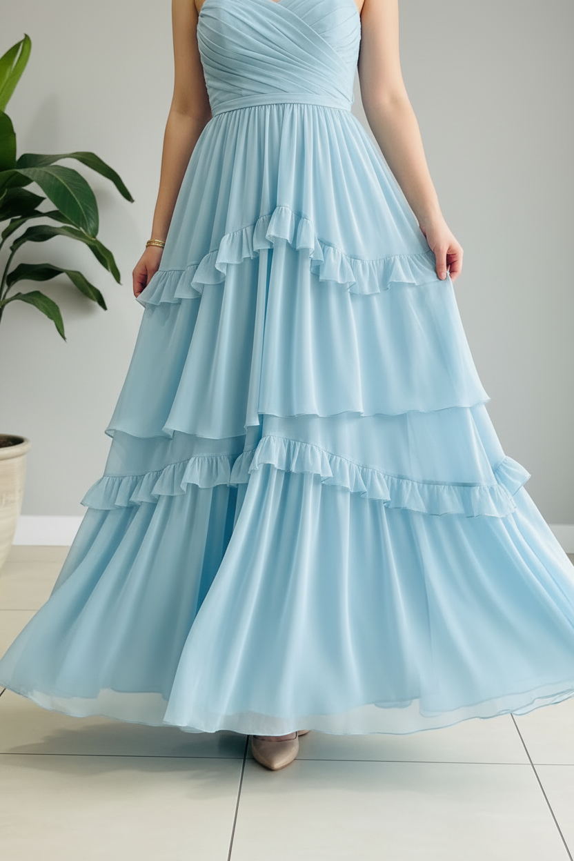 Vestido de Gala Azul Celeste Strapless con Volantes en Capas - Elegante Largo cod.355