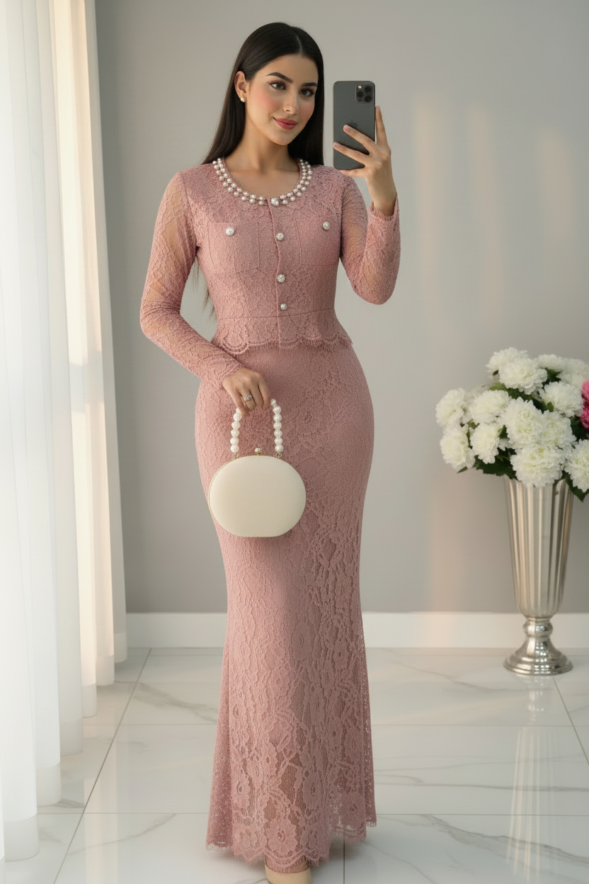 Conjunto Encaje Rosa Palo Top Perlas Manga Larga Falda Sirena cod.V0044