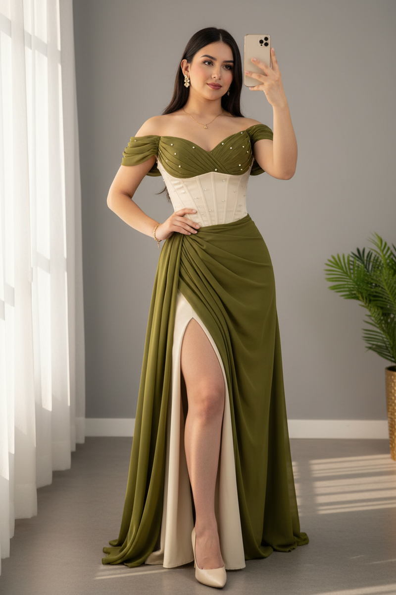 Vestido Verde Oliva Off-Shoulder con Corsé Crema y Abertura cod.V672