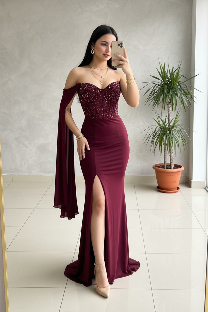 Vestido Sirena Borgoña Off-Shoulder con Corset de Cristales y Abertura cod.438
