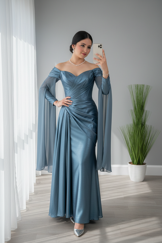 Vestido Azul Acero Off-Shoulder con Mangas Campana Largas cod.V676