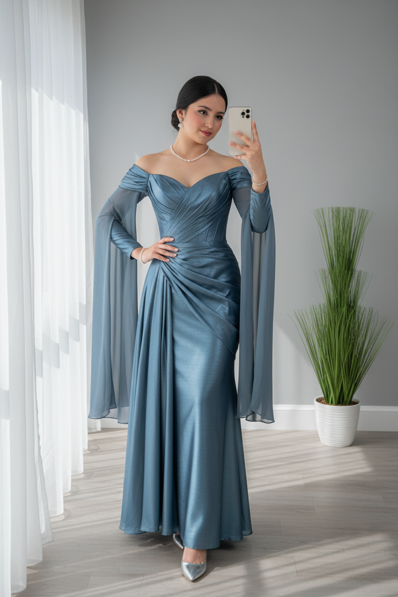 Vestido Azul Acero Off-Shoulder con Mangas Campana Largas cod.V676
