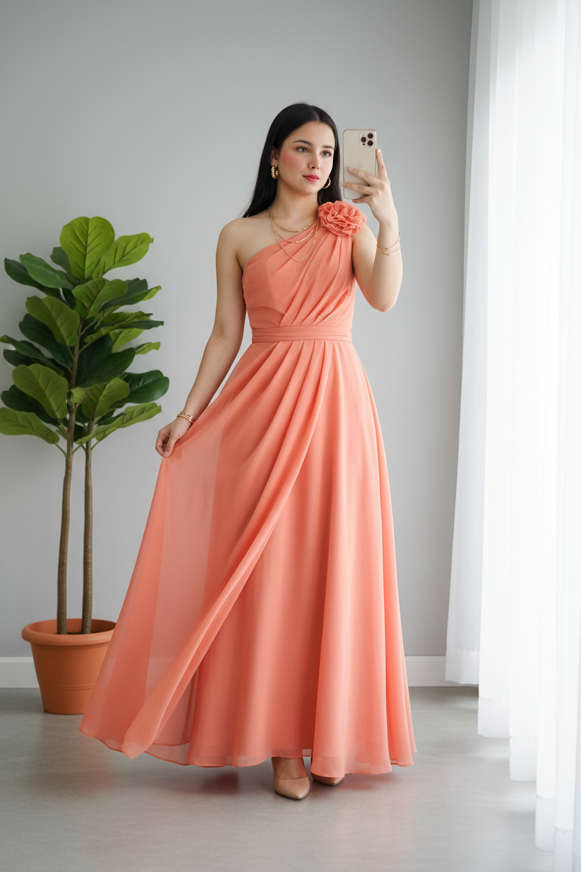 Vestido Coral One-Shoulder Maxi Gasa con Rosa D cod.951