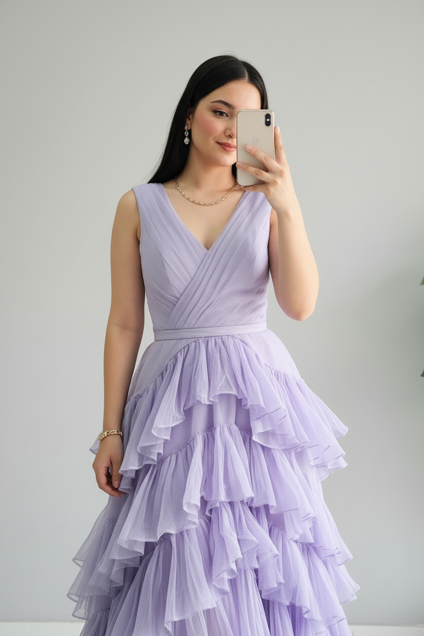 Vestido Lila de Tul con Volantes en Cascada y Escote V cod.401