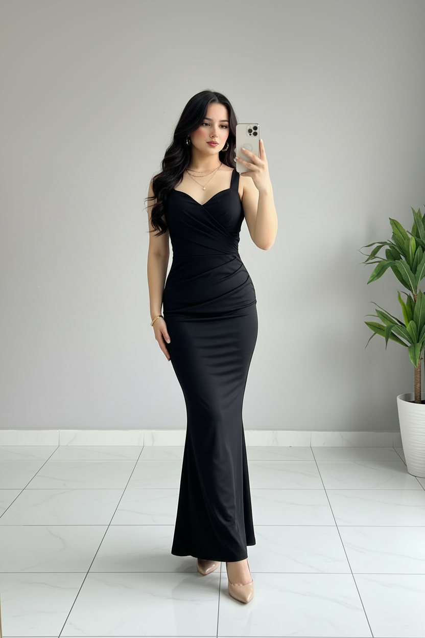 Vestido Negro Sirena con Tirantes y Drapeado cod.660