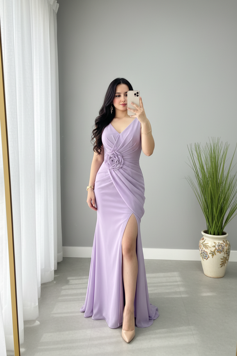 Vestido Lila Lavanda Sirena con Rosa 3D y Abertura cod.963