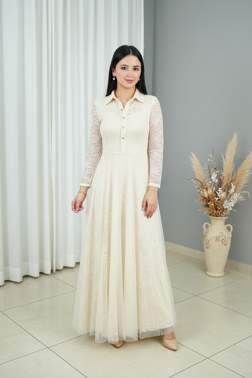 Vestido Ivory Camisero Manga Encaje con Falda de Tul cod.V283