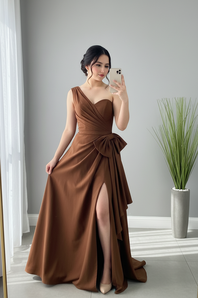 Vestido Chocolate One Shoulder Bow A-Line cod.V232