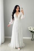 Vestido Novia Blanco Encaje Mangas Obispo con Perlas cod.V0026