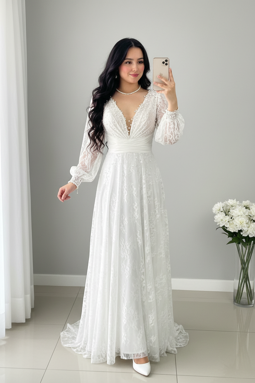 Vestido Novia Blanco Encaje Mangas Obispo con Perlas cod.V0026