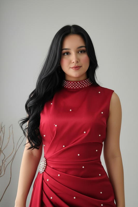 Vestido Rojo Perlas Drapeado Mini cod.V750