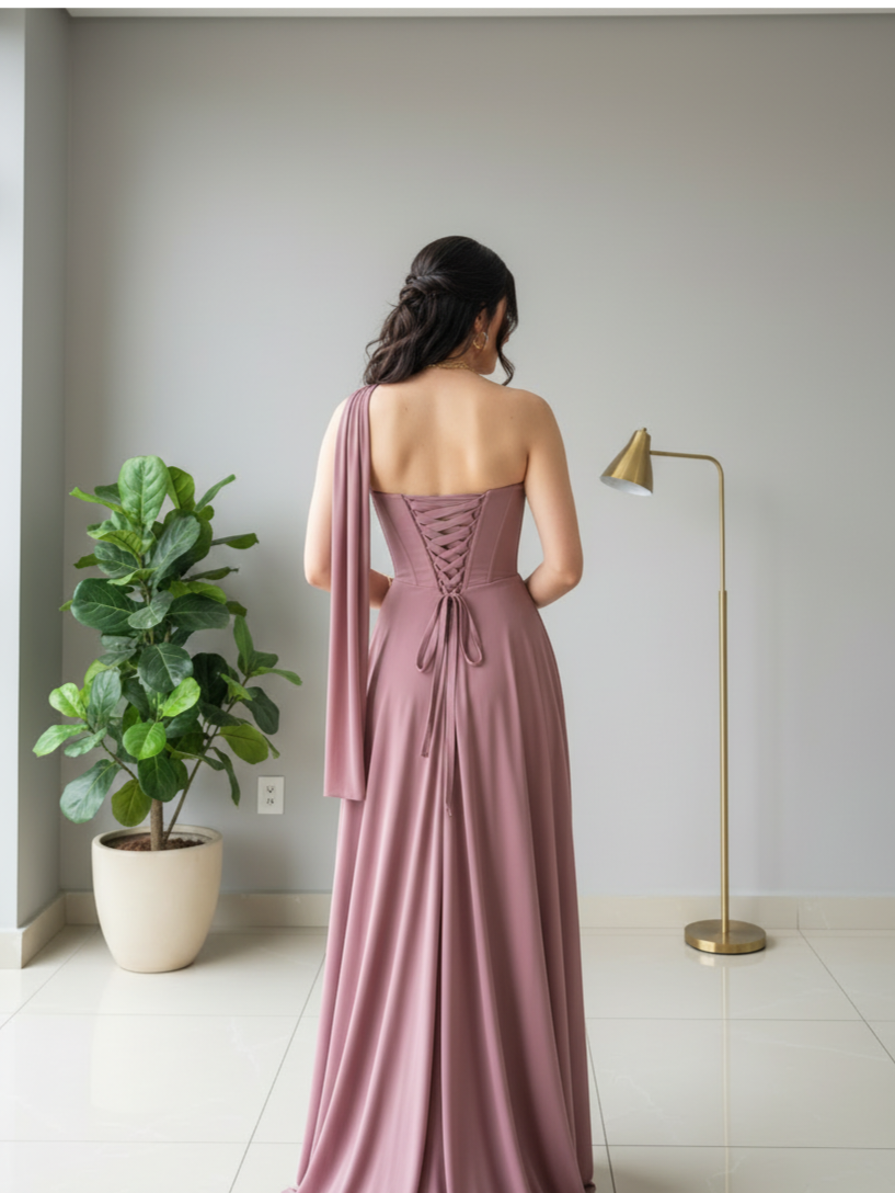 Vestido de Gala Rosa Malva con Corsé Estructurado y Capa One Shoulder - A-Line Largo cod.365