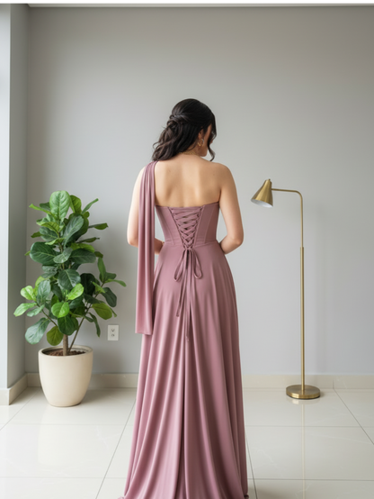 Vestido de Gala Rosa Malva con Corsé Estructurado y Capa One Shoulder - A-Line Largo cod.365