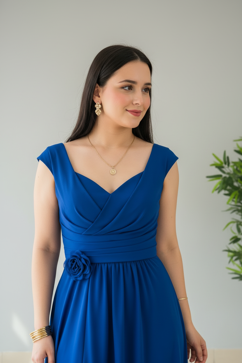 Vestido Azul Royal con Escote V Cruzado, Rosa 3D y Abertura Lateral cod.375