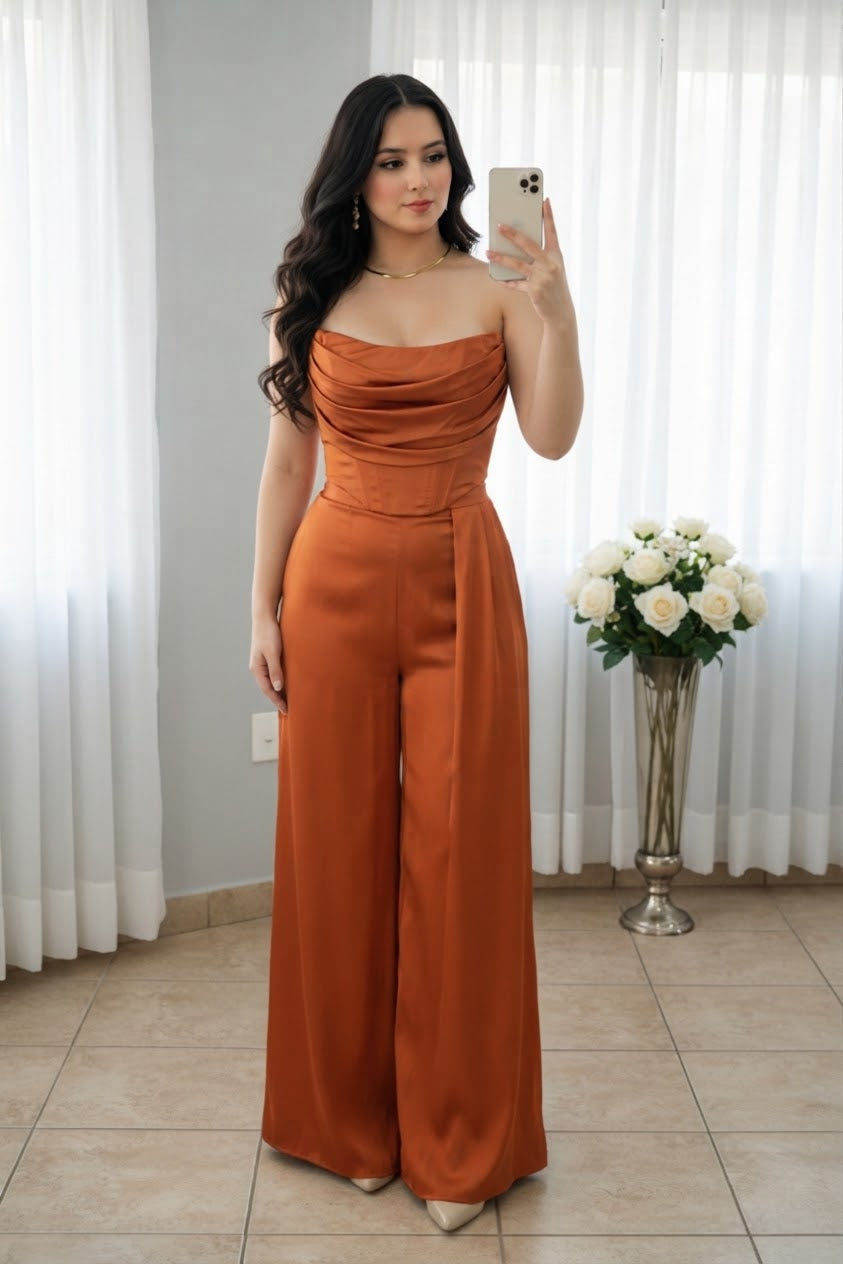 Enterizo terracota strapless drapeado con tira lateral cod. E0015