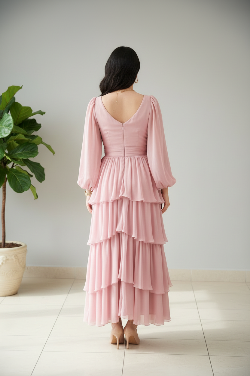 Vestido Romántico Rosa Palo con Volantes en Capas y Mangas Globo - Elegante Largo cod.356