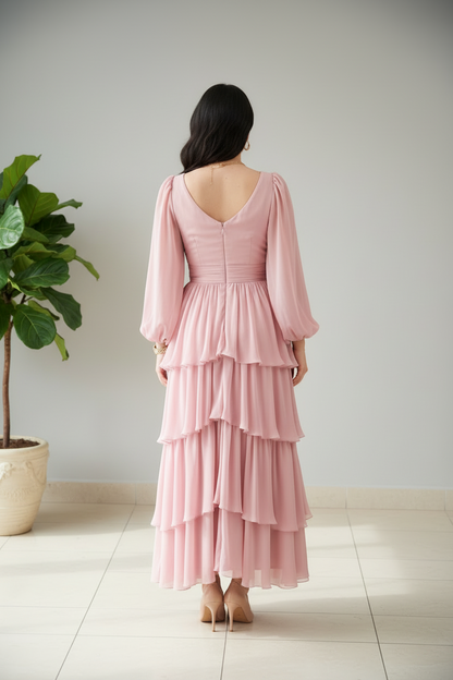 Vestido Romántico Rosa Palo con Volantes en Capas y Mangas Globo - Elegante Largo cod.356