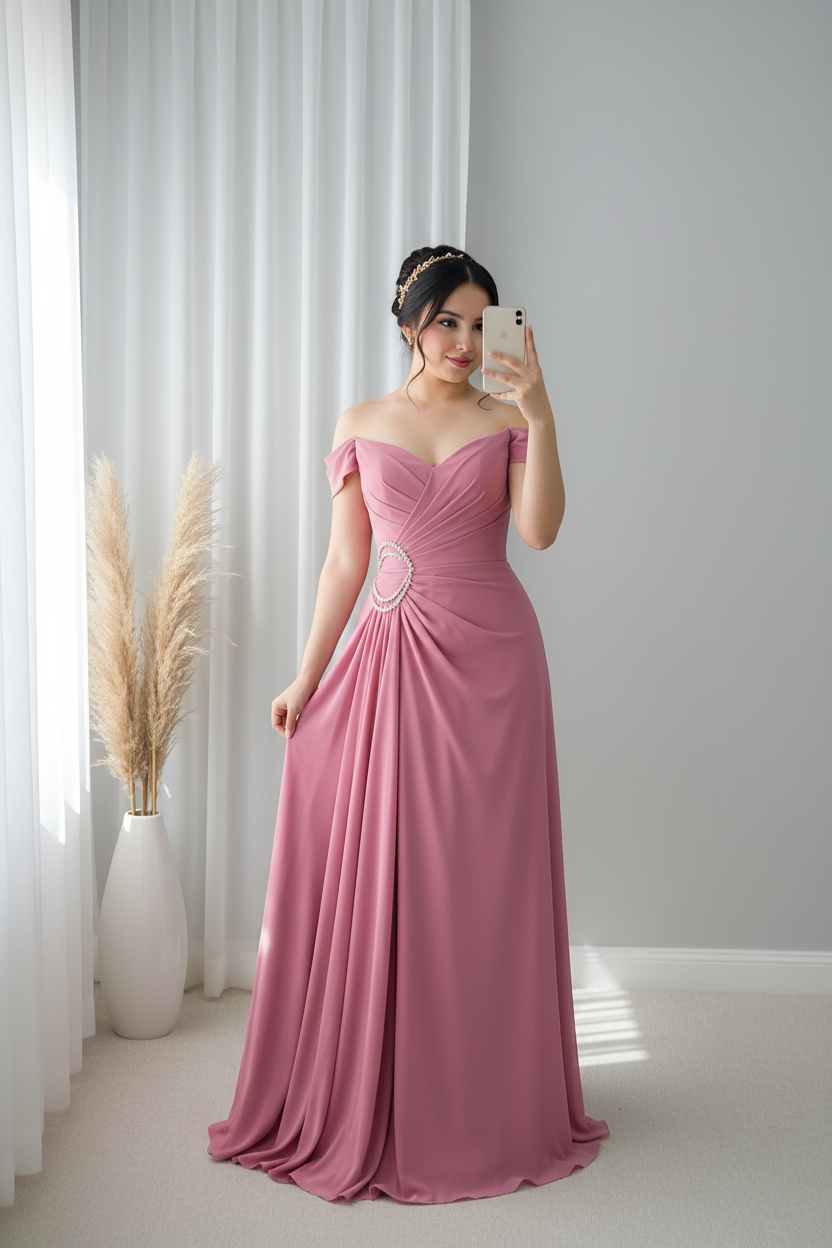 Vestido Rosa Antiguo Off-Shoulder con Broche de Perlas cod.0068
