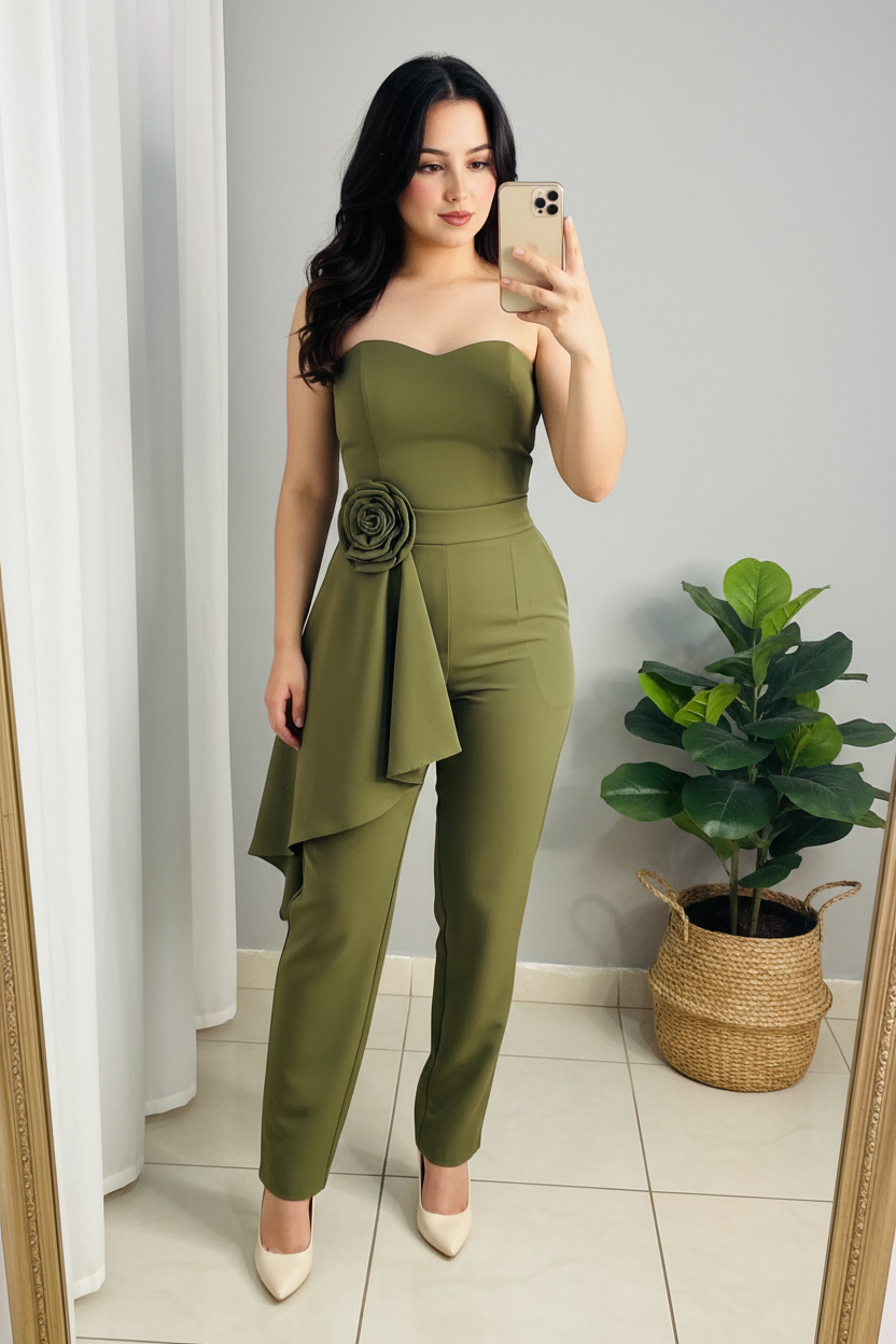 Jumpsuit Verde Oliva Strapless Escote Corazón con Rosa 3d cod.00140