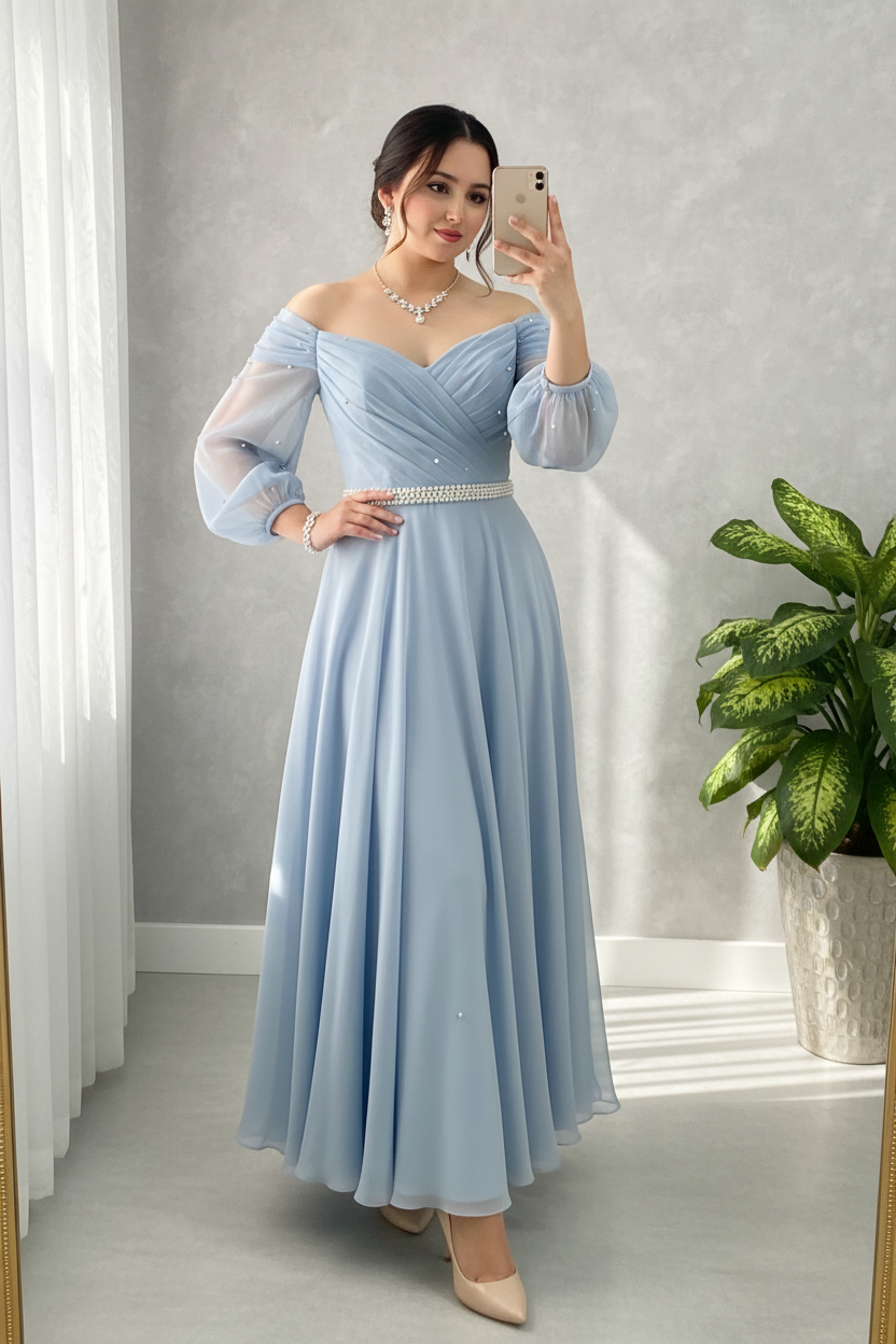 Vestido Azul Cielo Baby Blue Off-Shoulder Manga Tul Perlas Cinturon Perlas A-Line cod.838