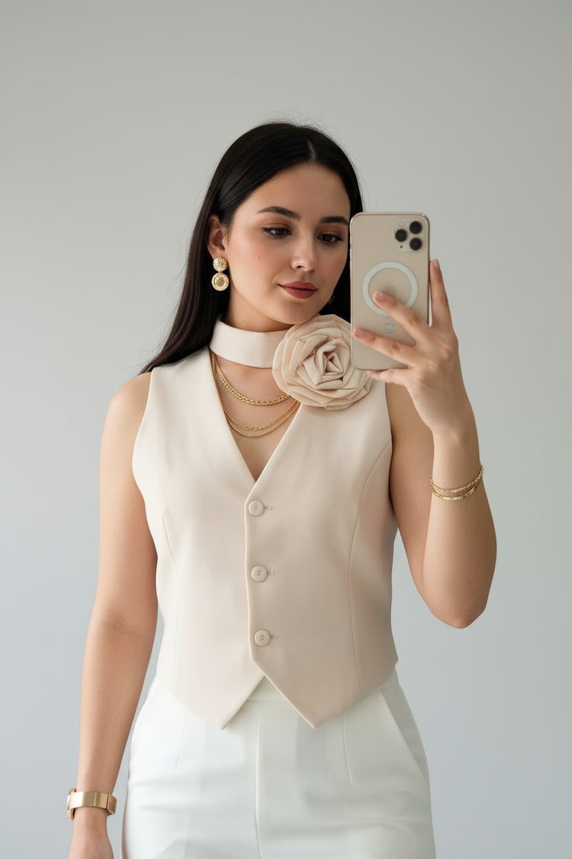Conjunto Chaleco Beige con Rosa 3D y Pantalón Blanco Bootcut cod.392