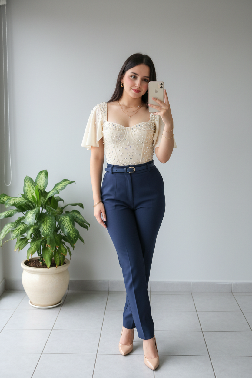 Blusa Beige con Lentejuelas y Mangas Mariposa - Elegante y Romántica cod.301