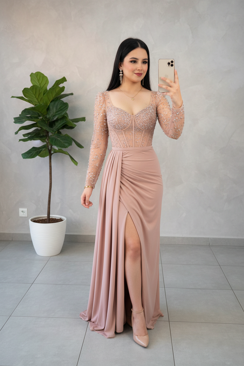 Vestido Formal Rosa Palo Corset de Perlas con Mangas de Tul y Falda Drapeada con Abertura cod.527