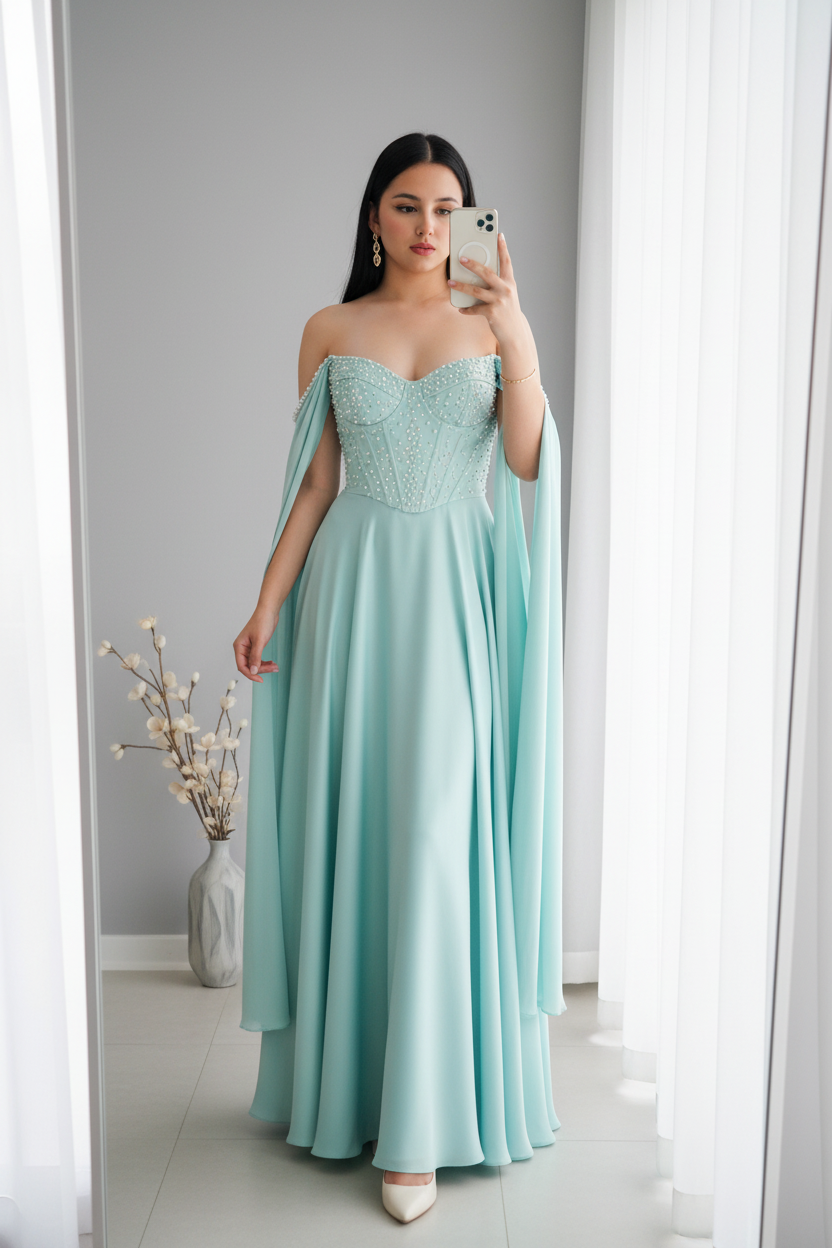 Vestido Aqua Off-Shoulder Corsé de Perlas con Capa de Gasa cod.V550