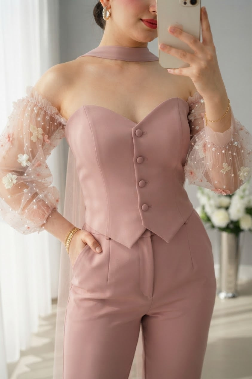Conjunto Corset Rosa Palo Tul Perlas | CPR-010