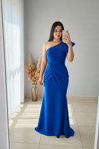 Vestido Sirena Azul Rey | Un Hombro con Lazo y Drapeado cod.V447