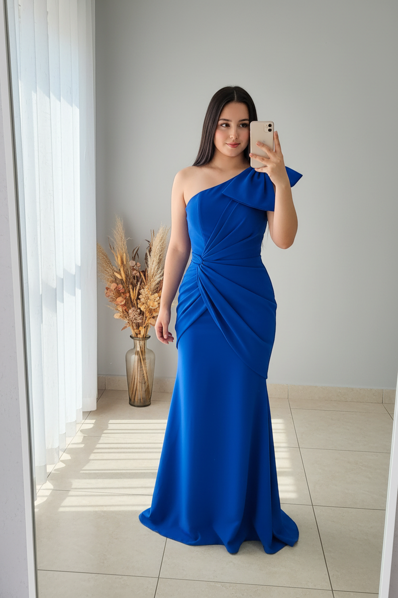 Vestido Sirena Azul Rey | Un Hombro con Lazo y Drapeado cod.V447