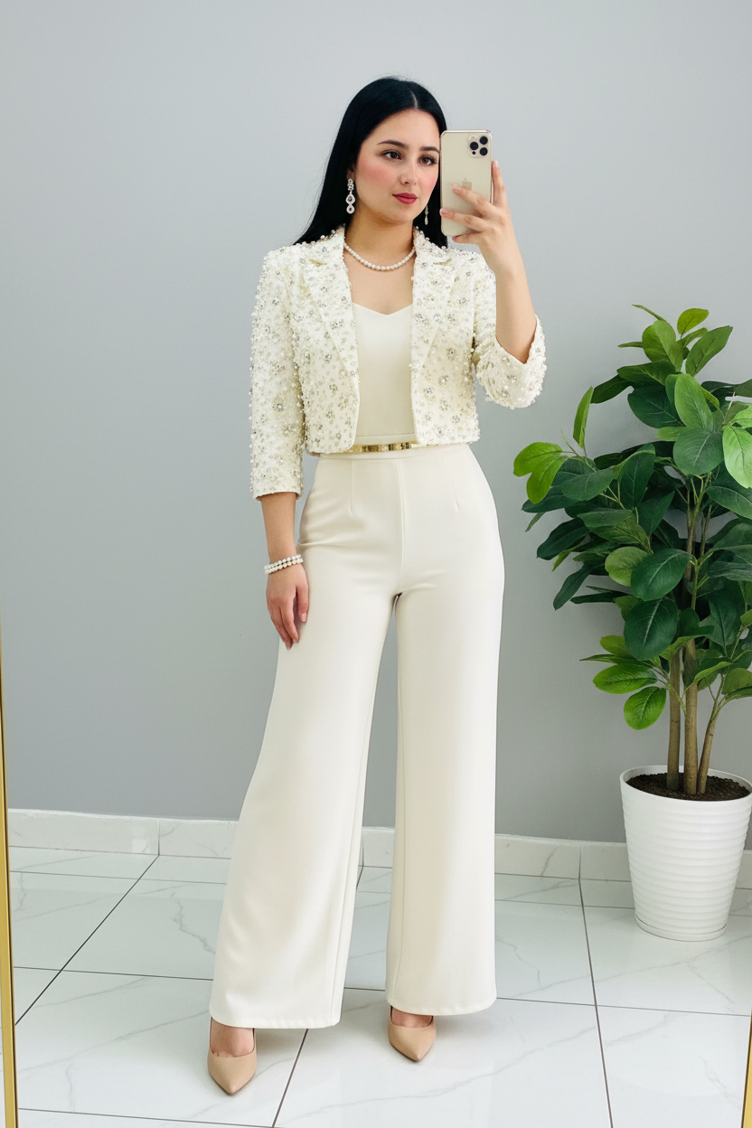 Conjunto Crema Blazer Flores de Perlas y Cristales cod.642