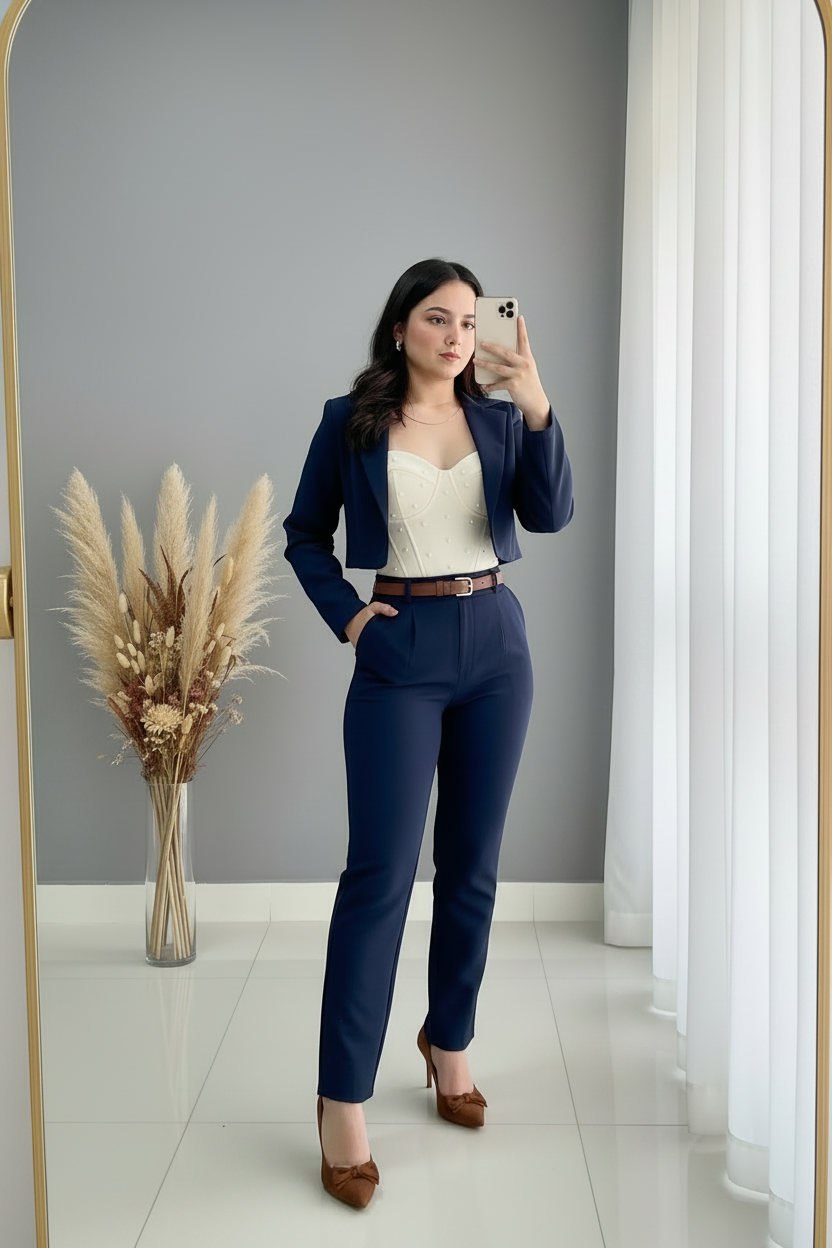 Conjunto 3 Piezas Azul Marino con Cinturón Café — Blazer Cropped + Bustier + Pantalón formal cod.0077