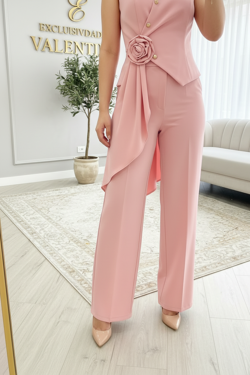Conjunto Rosa Blusa Asimétrica Rosa 3D + Pantalón Palazzo cod.C578