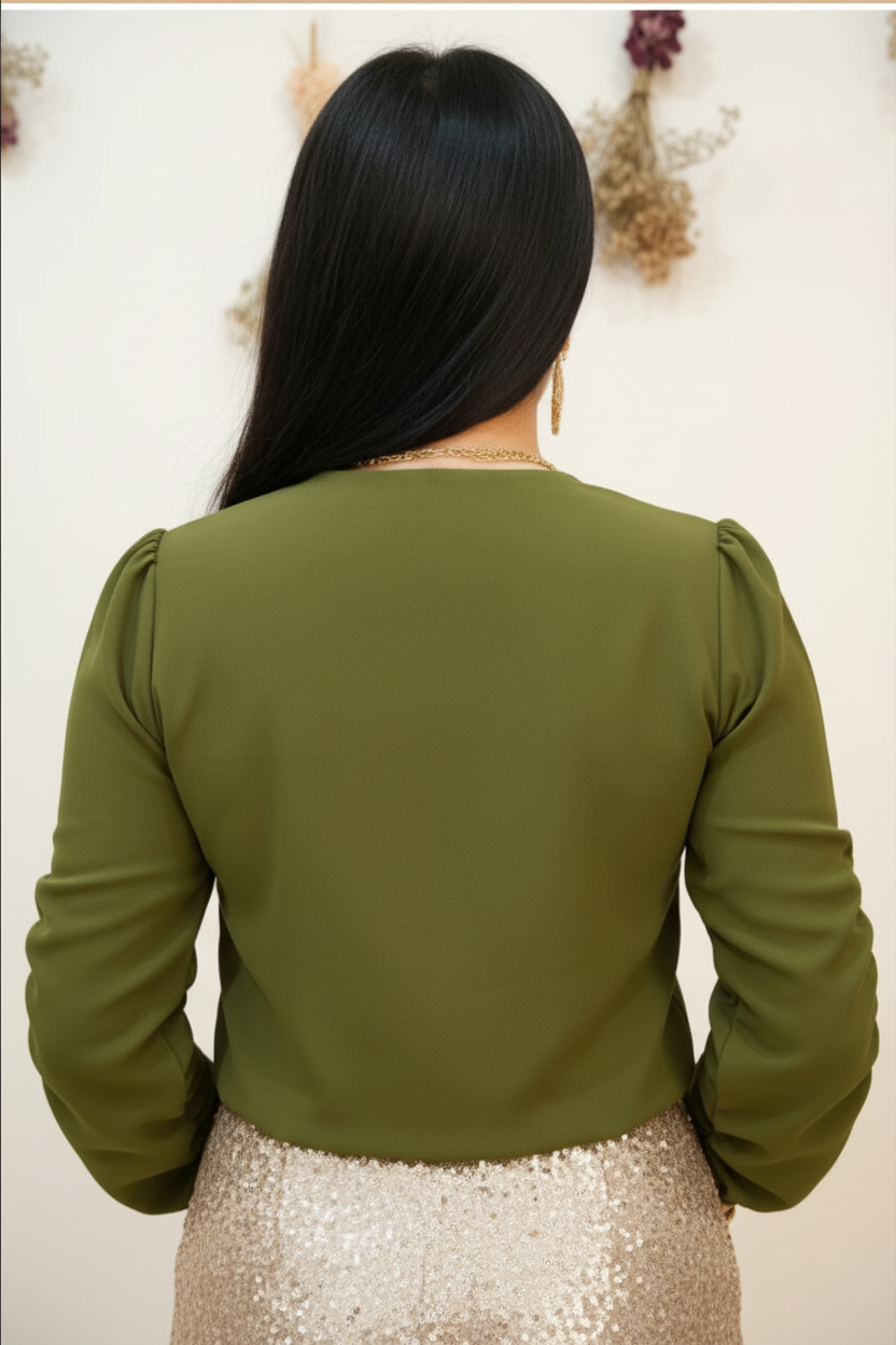 Blusa Verde Oliva con Moño y Mangas Fruncidas cod.292