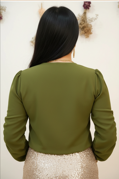 Blusa Verde Oliva con Moño y Mangas Fruncidas cod.292