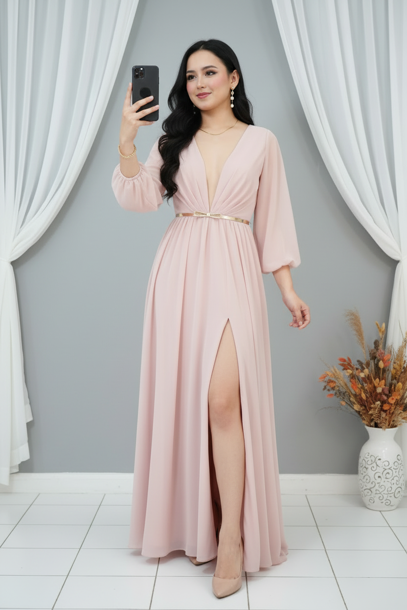 Vestido Rosa Palo Blush Largo Manga Globo Escote V Profundo Cinturón Dorado cod.V301