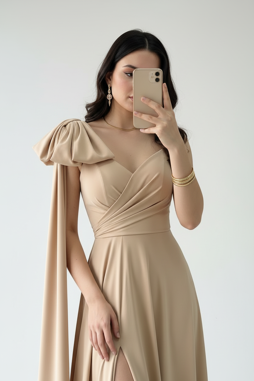 Vestido Champagne con Manga Globo y Capa Drapeada Larga cod.374