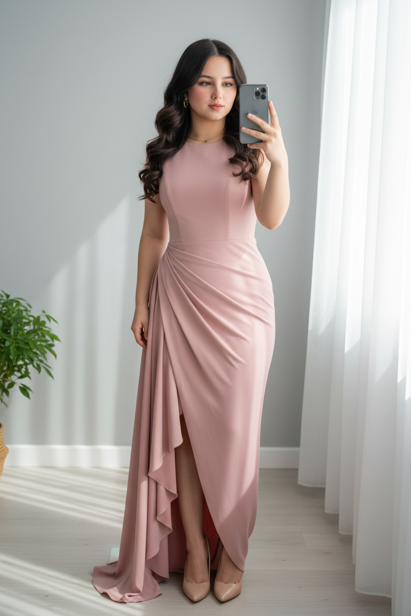 Vestido Rosa Palo Cuello Redondo con Drapeado Lateral y Cola cod.729