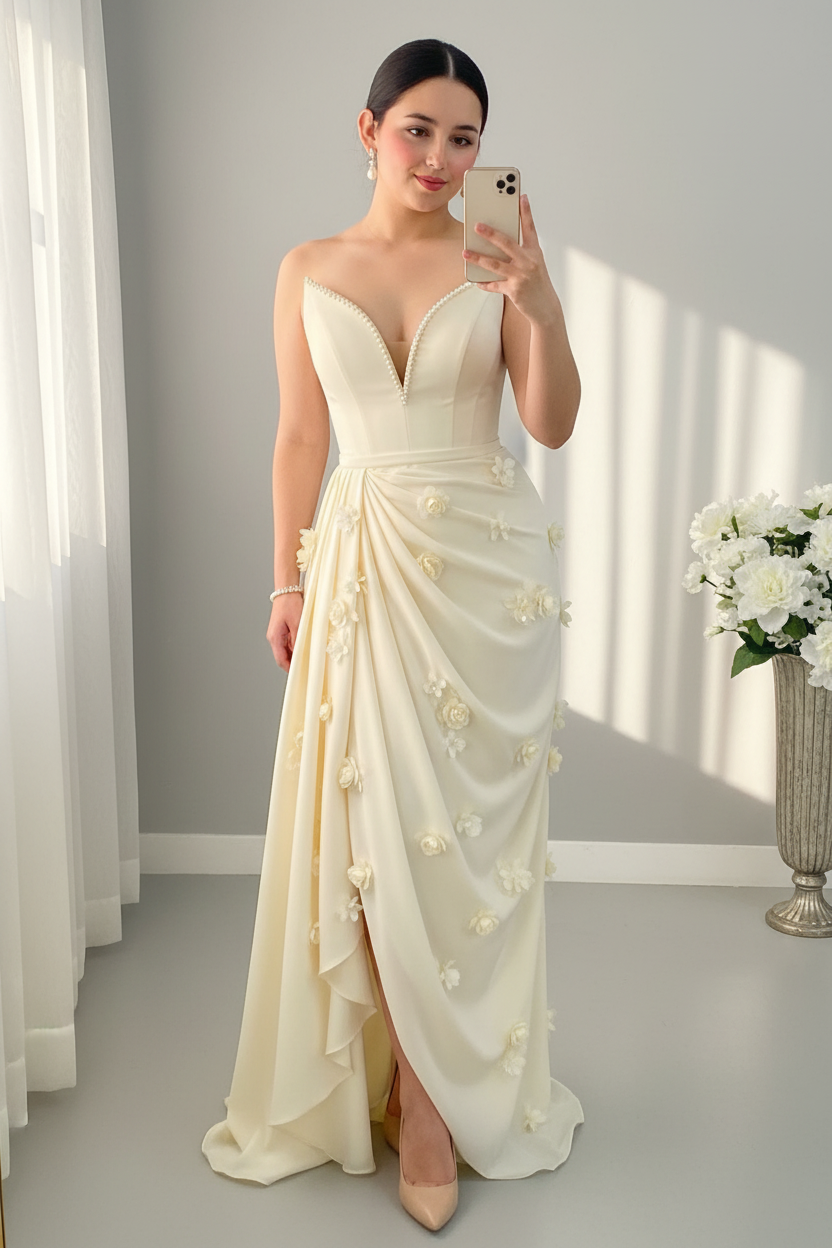 Vestido Largo Ivory Strapless Escote V con Perlas y Flores 3D cod.V954
