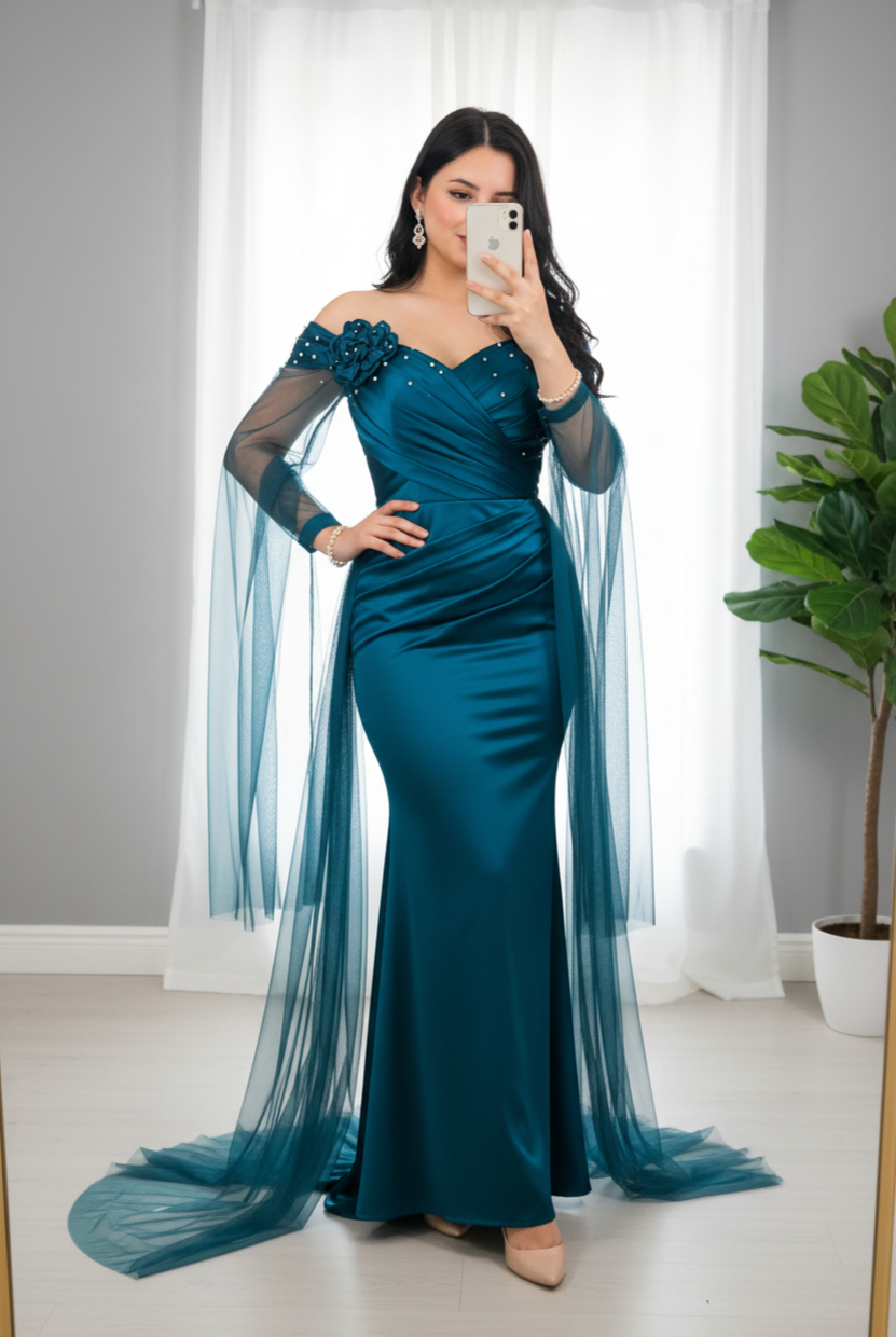 Vestido Petróleo · Sirena Mangas Tul cod.V270