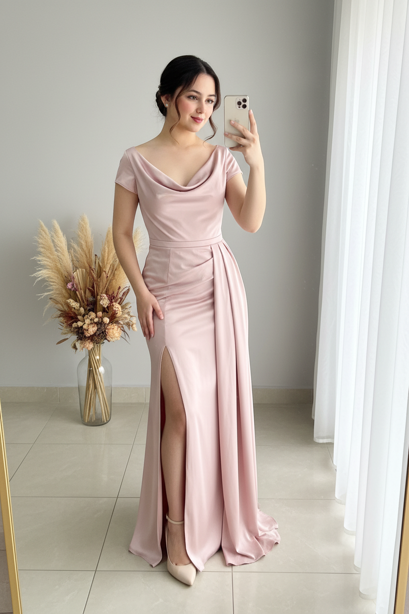 Vestido Sirena Rosa Palo | Cowl Neck y Abertura cod.V438