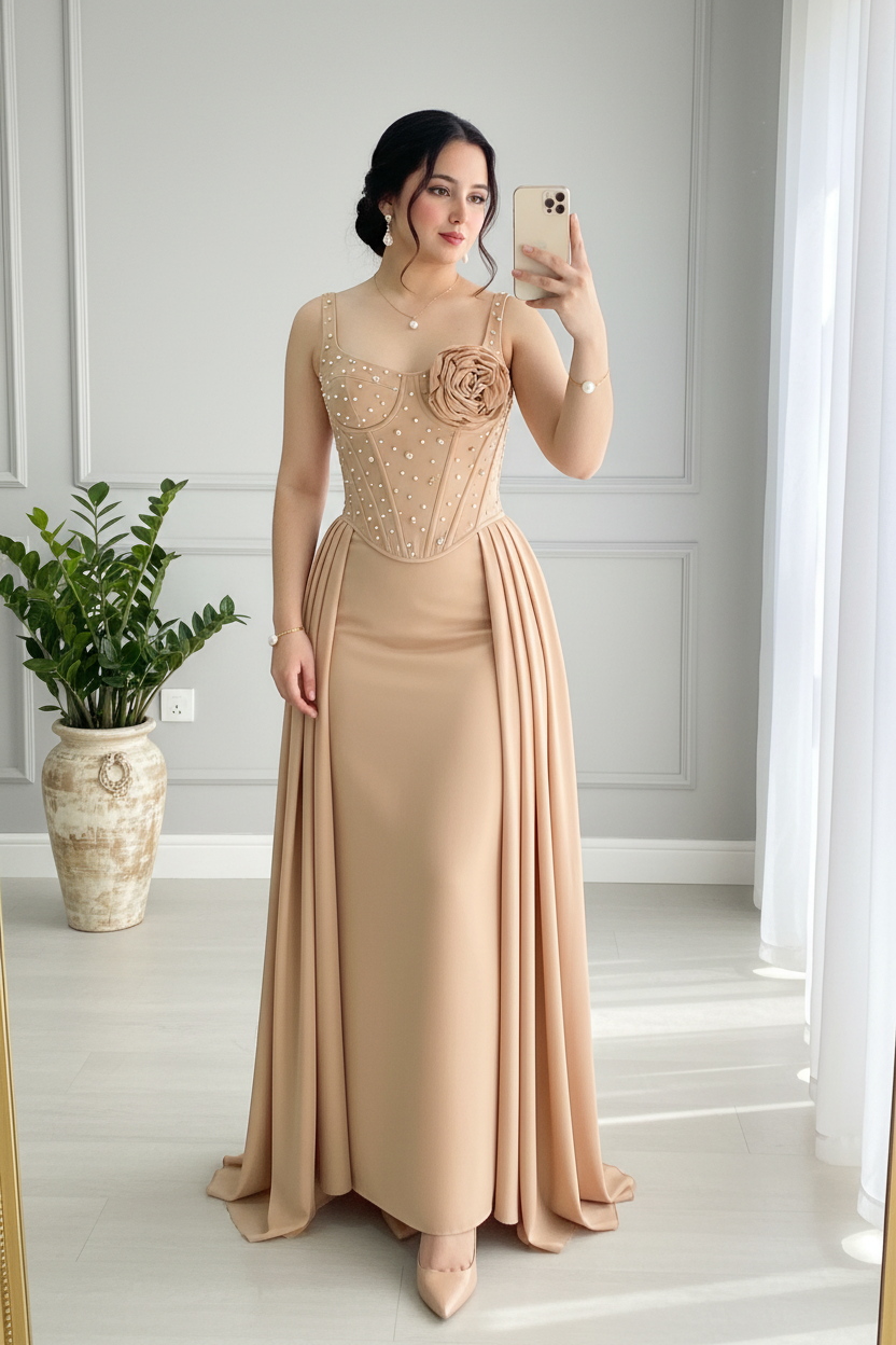 Vestido Nude Champagne Corset Illusion con Perlas, Rosa 3D y Falda Plisada a los lados cod.815